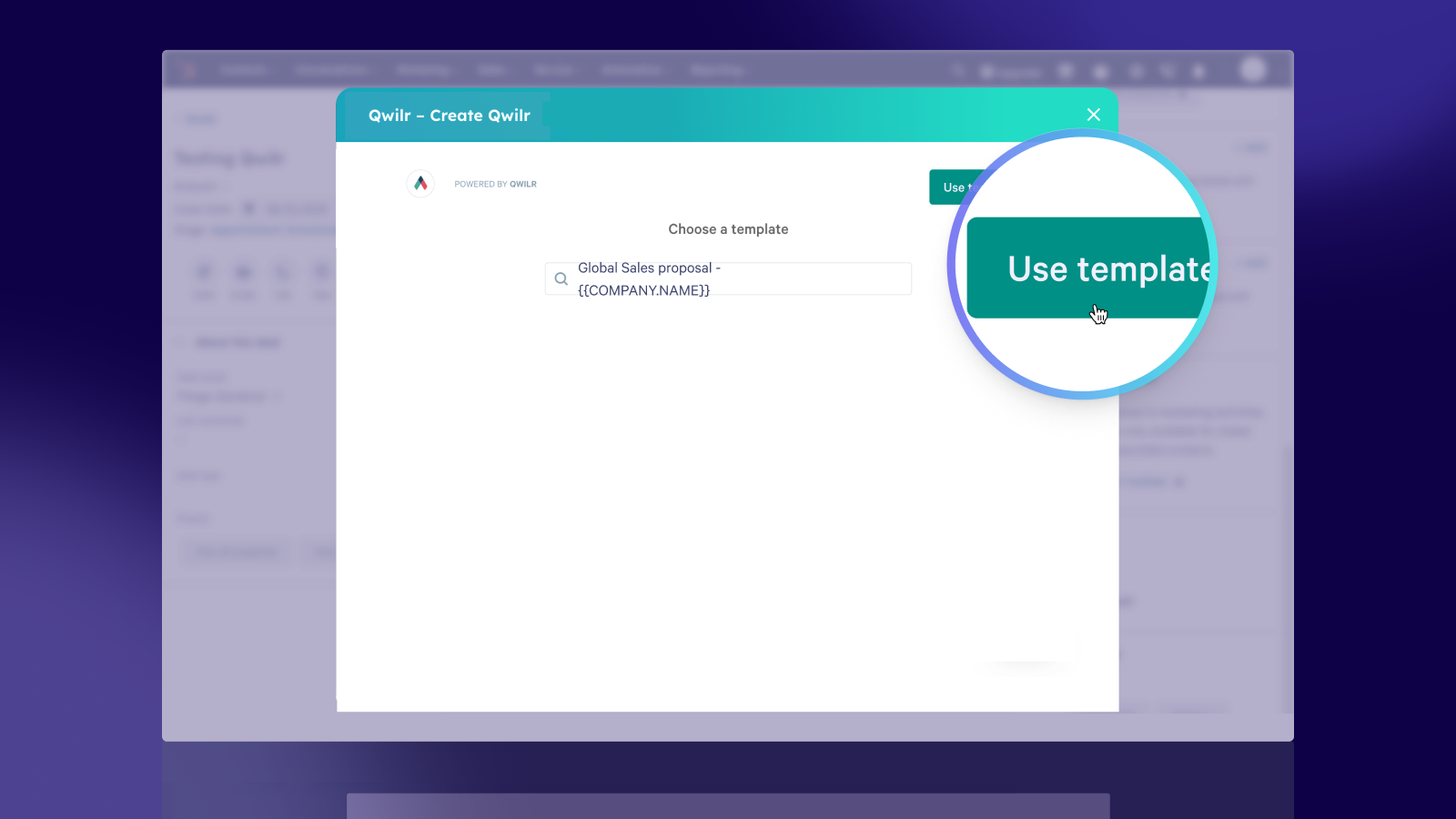 Select a template directly from Contact/Company/Deal record